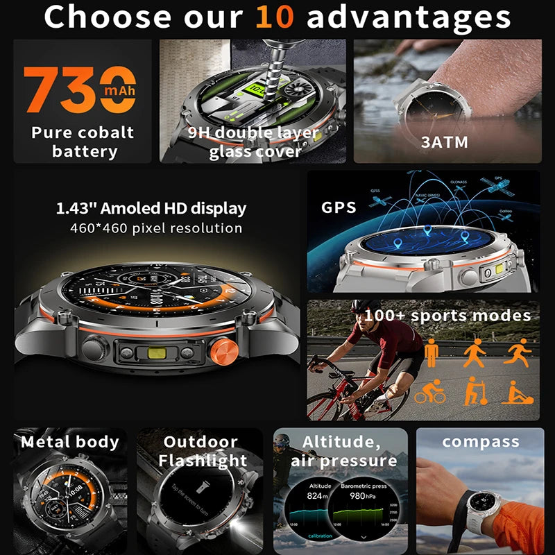 2025 NEW Dual-band GPS Outdoor Swim Sport Smart Watch Men Compass 730mAh Large Battery 10ATM Professional Waterproof Smart Watch