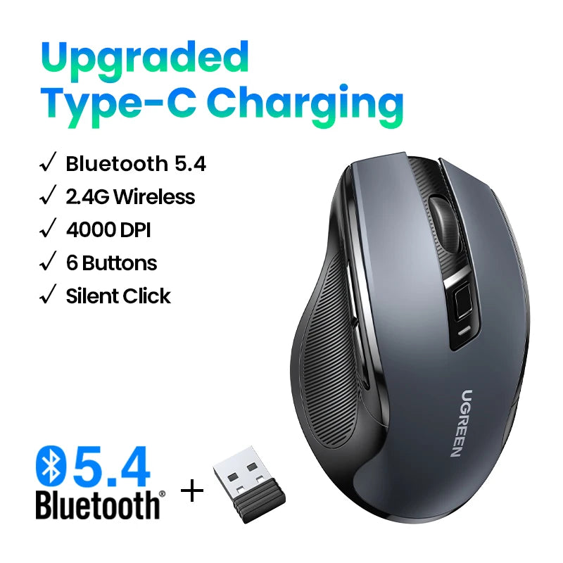 UGREEN Wireless Mouse Bluetooth5.0 Mouse Ergonomic 4000DPI 6 Mute Buttons Mouse For MacBook Tablet Laptops Computer PC 2.4G Mice