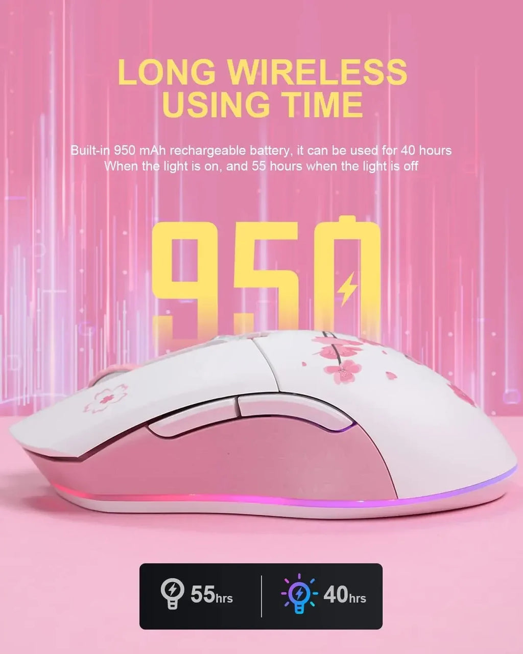 DAREU Sakura Pink Wireless Wired Gaming Mouse Dual-Mode Rechargeable 7 Buttons DPI RGB and 7 Adjustable DPI for PC Notebook Mac