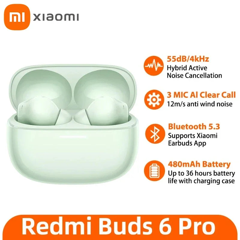 Xiaomi Redmi Buds 6 Pro TWS Earphones 3MIC AI 55dB Active Noise Cancellation Bluetooth 5.3 36 Hours Battery Mi Earbuds Headset